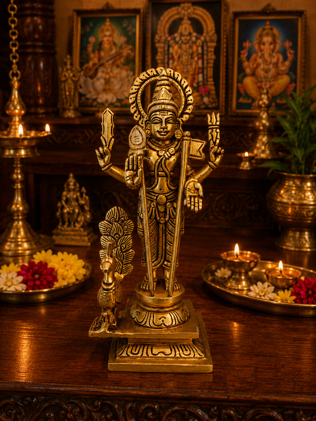 1 brass murugan idol antique finish, 9.5 inch