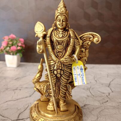 Brass Murugan with Peacock Statue, 7 Inch