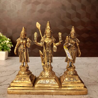 Brass Murugan with Valli and Deivanai with Arch, 6.5 Inch