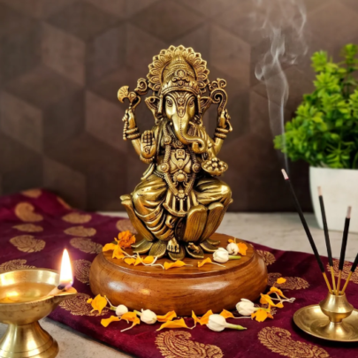 brass ganesha on lotus with mooshika, 4 inch